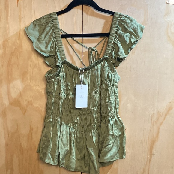 NWT Ted Baker London Alovia Smock Bodice Top Lace Up Back Size 4 Mid-Green - Picture 2 of 7